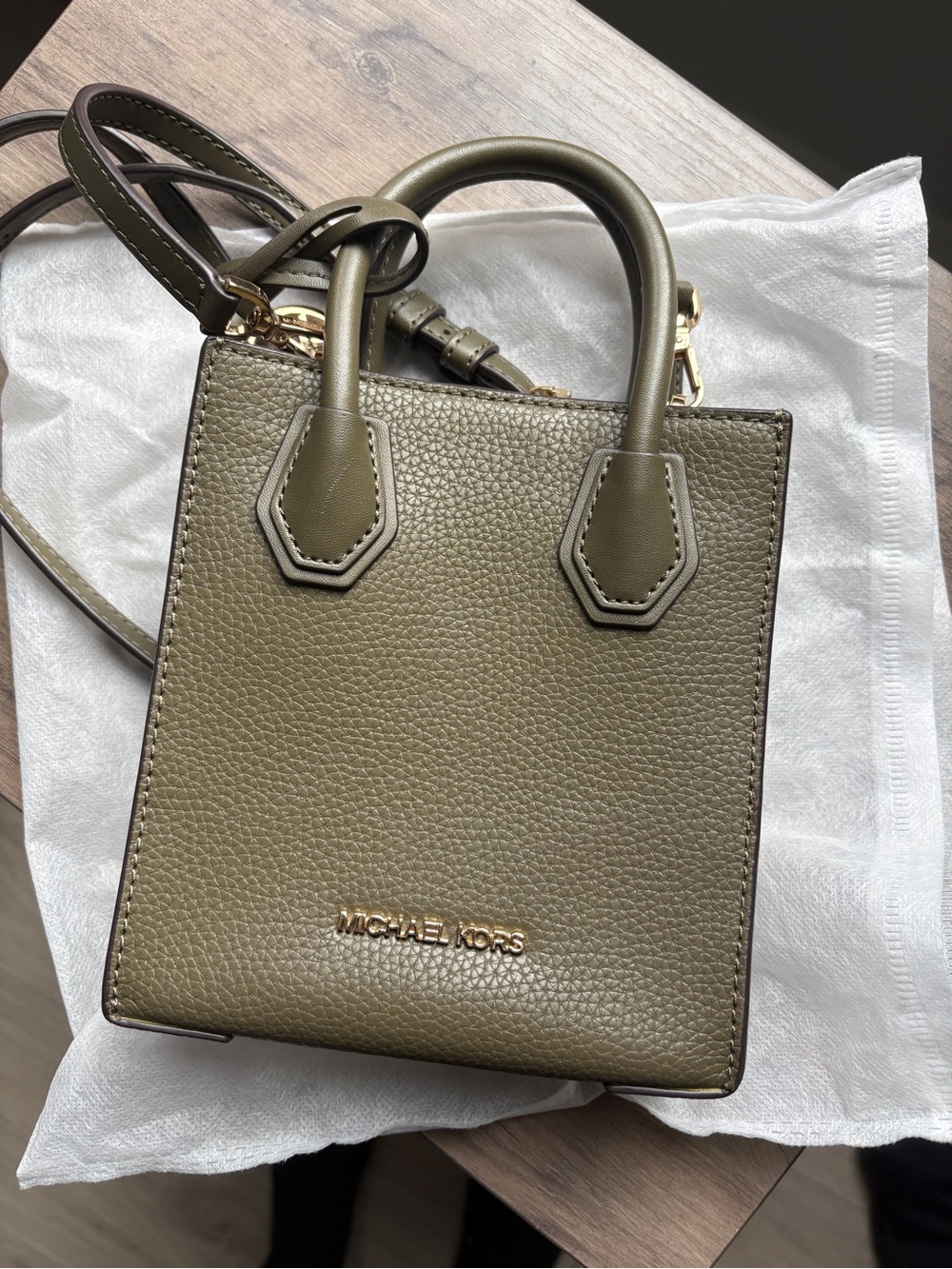 Michael Kors Olive Green Pebbled Leather Mini Bag with Gold Hardware